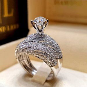 NEW 925 Silver Diamond Wave Solitaire Ring Set